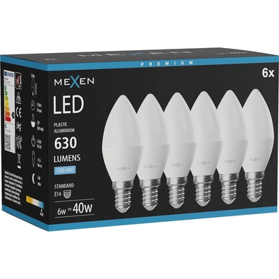 Mexen Nova 6x LED крушка E14, C37, 6W, Студена - 6500K, 630 lm - L102-E14-0665-01x06 (L102-E14-0665-01x06)