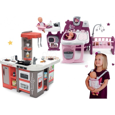 Smoby Set kuchynka elektronická Tefal Studio 360° XXL Bubble mrkvová a domček pre bábiku s nosítkom Violette Baby Nurse Large Doll's Play Center