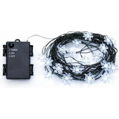 DECOLED LED světýlka na baterie, vločky, 5,3 m, ledově bílá, 50 diod, zelený drátek, IP44 venkovní, 3 × AA
