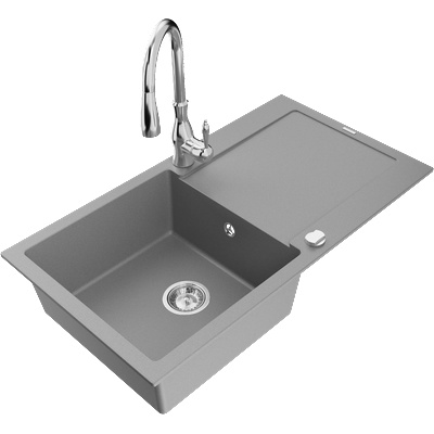 Mexen Leo гранитна мивка с 1 отделение с отцедник и кухненски смесител Savita, сив - 6501-71-672601-00 (6501-71-672601-00)