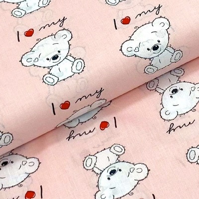 Bavlněné plátno P0634 světle růžové, medvědi a srdíčka, š.140