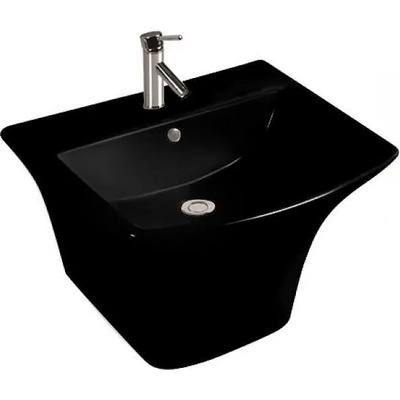 Inter Ceramic Мивка за баня ICC 5345 BLACK, Inter Ceramic, полуконзола, стенен монтаж, с отвор за смесител и преливник, порцелан, черен гланц, 53x46x39см (5345 BLACK)