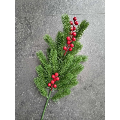 lacne-dekoracie.sk Vetvička jedľa PE 4041 s červenými bobuľkami 60 cm