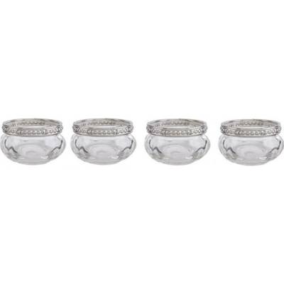 Set 4 skleněných transparentních svícnů na čajovou svíčku se stříbrným dekorem – 6x3 cm