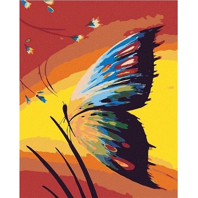 zuty malování podle čísel Motýl v trávě a západ slunce 80 x 100 cm vypnuté plátno na rám