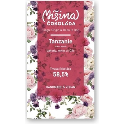 Míšina Čokoláda Tmavá čokoláda 58,5% Tanzanie s jahodami, kokosem a růžemi 50 g