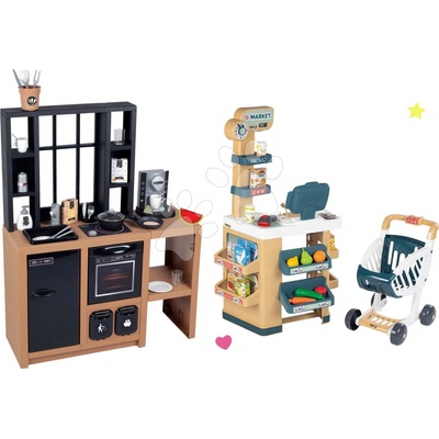 Smoby Set kuchyňka moderní Loft Industrial Kitchen a obchod Market s pokladnou a skenerem se zvukem a světlem