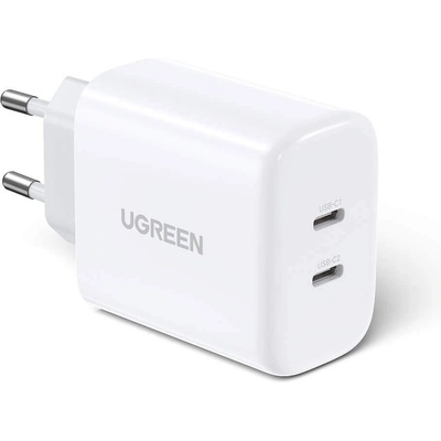 UGREEN Travel Wall Charger Power Delivery 40W - захранване за ел. мрежа смартфони и таблети с 2xUSB-C изхода и с технология за бързо зареждане (бял)