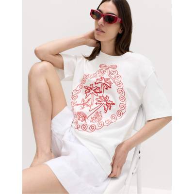 Marks & Spencer Oversized тениска с графика от чист памук Marks & Spencer бяла Marks & Spencer | Byal | ЖЕНИ | 14