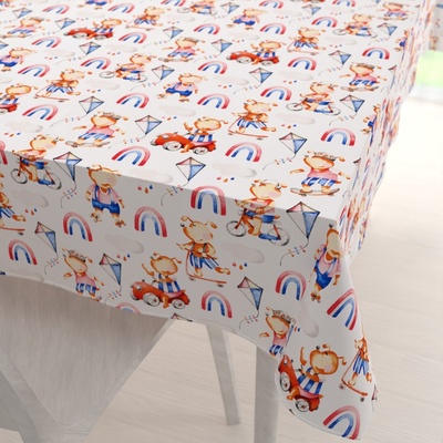 Biante Dětský bavlna obdélníkový ubrus Sandra SA-521 Modro-červení pejsci s auty na bílém 140x200 cm