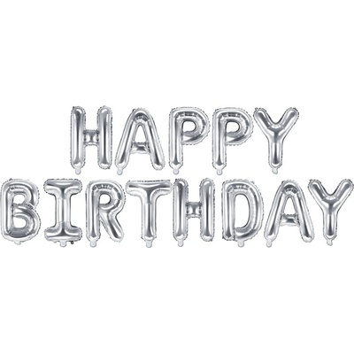 PartyDeco Fóliový balón Happy Birthday nápis stříbrný 340x35 cm