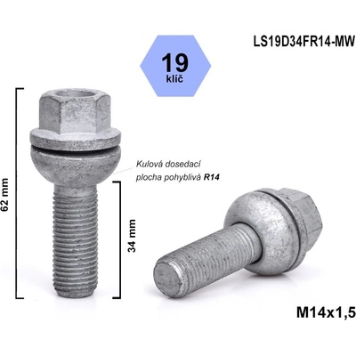 Kolový šroub M14x1,5x34 koule R14 pohyblivá, VW, SEAT, klíč 19, LS19D34FR14-MW výška 62 | Zboží Auto