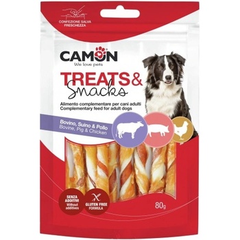 Camon Treats Snacks Twisted Sticks with Chicken - лакомства за куче, солета от телешка и свинска кожа, увита с пилешко месо 80 гр, Италия - AE024