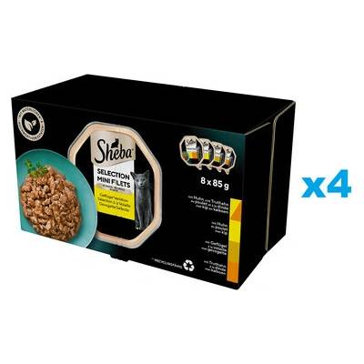 SHEBA Selection Hydinové príchute 32x kompletné krmivo pre dospelé mačky v omáčke kúsky s kuracím a morčacím, kuracím, hydinovým, morčacím 85 g