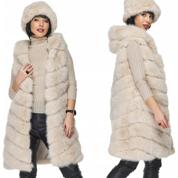 Fashionweek dámska vesta s kapucňou kožušinová vesta prémiová kvalita KARR74 krémová
