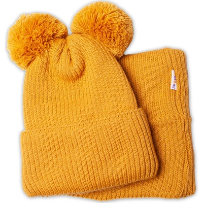Baby Nellys Zimná pletená čiapka nákrčník horčicová s brmbolcami
