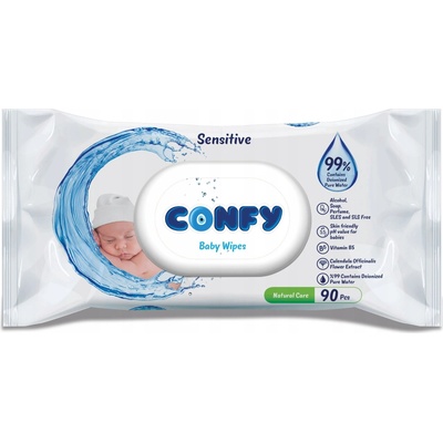 CONFY VLHČENÉ UTRÁKY SENSITIVE 99% VODY S KLIPOM 90 ks