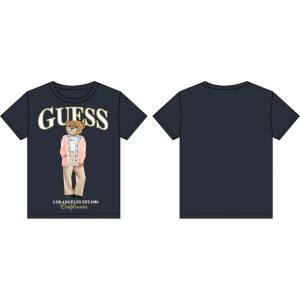 GUESS Тъмносиня тениска за момиче с цветно мече и бял надпис Guess