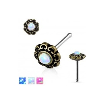 Šperky eshop Rovný piercing do nosa z ocele patinovaný kvet so syntetickým opálom PC37.05/07 Biela