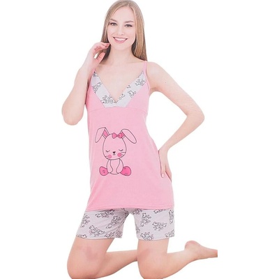 Дамска лятна пижама в розово и сиво със зайчета