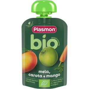 PLASMON Био плодова закуска Plasmon - Пауч с ябълка морков и манго, 6 м+, 100 g (0810) - ozone