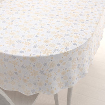 Biante Vianočný oválny obrus PML-040 Sivé a béžové vločky 120x160cm