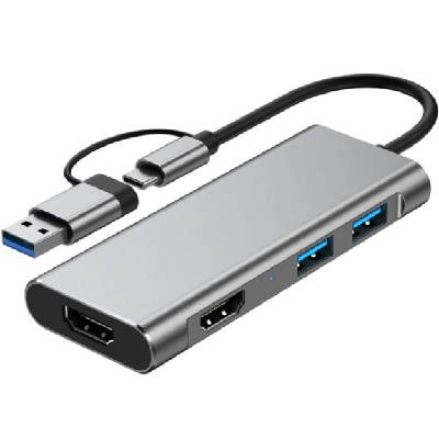 4в1 хъб - 2x HDMI / USB-A 2.0 / USB-A 3.0 към USB-C / USB-A - сив (87226)