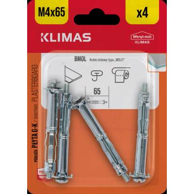 Klimas Wkret-Met 4x65mm - 4 ks - Hmoždinka rozperná oceľová do sadrokartónu "MOLLY" M4 x 65 blister, BMOL