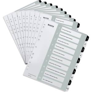 Leitz index for A4, pack of 10, PC-writable cover sheet and 10 dividers, tabs with numbers printed 1-10, extra width, white/black, polypropylene, WOW, 12150000 - 12150000-10 (12150000-10)