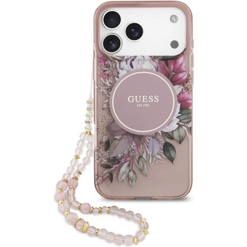 GUESS Хибриден удароустойчив кейс с MagSafe и връзка за ръка за iPhone 17 Pro Max - Guess IML Flowers Pearl MagSafe Case (розов) (GUHMP17XHFWBRCESP)