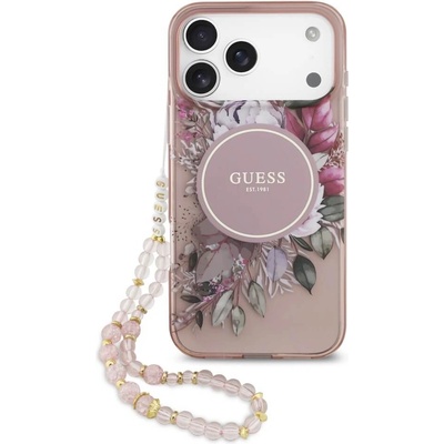 GUESS Хибриден удароустойчив кейс с MagSafe и връзка за ръка за iPhone 17 Pro Max - Guess IML Flowers Pearl MagSafe Case (розов) (GUHMP17XHFWBRCESP)