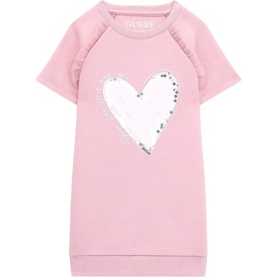 Guess Нежна рокля с къс ръкав за мини момиче в бледо розов цвят със сърце отпред Guess