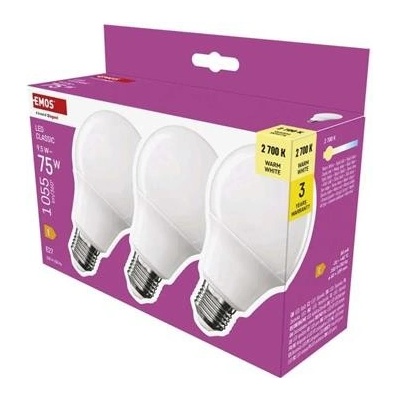 Emos LED žárovka Classic A60 E27 9,5 W 75 W 1055 lm teplá bílá 3 ks