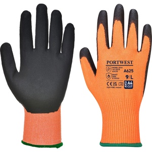 Portwest vis-tex a625 / Ръкавици, устойчиви на порязване, с pu покритие, ниво d - оранжеви/черни s (a625o8rs)