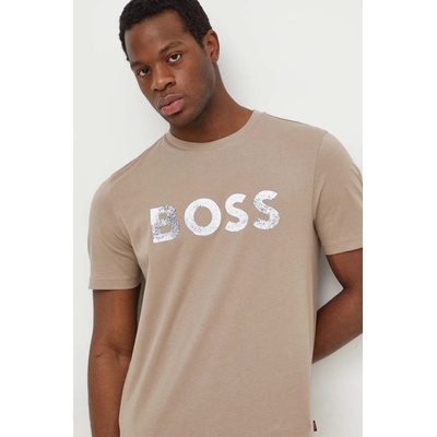 Boss Orange Памучна тениска Boss Orange в бежово с принт 50515997 (50515997)