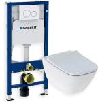 Geberit Промоционален комплект окачена тоалетна чиния + капак Geberit Smyle Square slim с плавно затваряне + скрито казанче със система за закрепване + клап Geberit Duofix Delta бял цвят (500.683.00.2+458.134