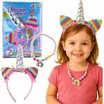 LEAN Toys Unicorn Headband Ears Horn Necklace Set Colorful