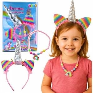 LEAN Toys Unicorn Headband Ears Horn Necklace Set Colorful