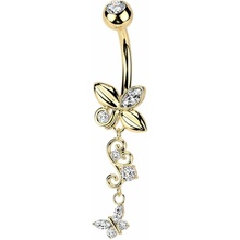 Šperky4U Zlacený visací piercing do pupíku s motýlky WP0117-GD