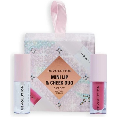 Makeup Revolution London Mini Lip & Cheek Duo lesk na pery Shimmer Bomb 1,4 ml White Shimmer + tekutá licenka Blush Bomb 1,4 ml Cute Pink transparentná