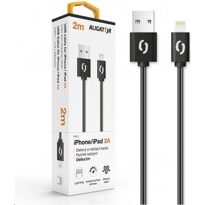 Aligator dátový a nabíjací kábel, konektor Lightning, 2A, 2m, čierna