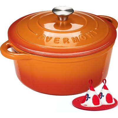 Overmont roasting pan enamel cast iron pot - casserole 24cm oven-safe - with lid and cookbook - for kitchen baking stewing roasting orange - Enamelled