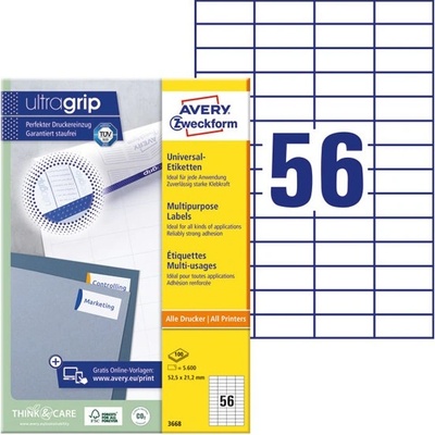 AVERY Етикет AVERY 3668 52, 5x21, 2mm универсален 5600 етикета/кутия 100 листа/кутия (3668)