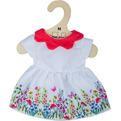 Bigjigs Toys Biele kvetinové šaty s červeným golierom pre bábiku 34 cm