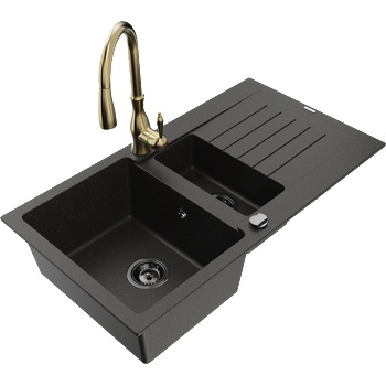 Mexen Matias гранитна мивка 1.5-коморна с отцедник и кухненски смесител Savita, черен/златен - 6502-75-672601-50-B (6502-75-672601-50-B)