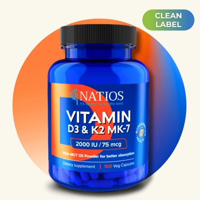 Natios Vitamín D3 + K2 (MenaQ7 MK-7), 2000 IU + 75 mcg, 100 kapslí