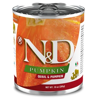 N&D Pumpkin Dog Quail & Pumpkin ADULT GRAIN FREE - консерва за пораснали кучета над 1 година, с пъдпъдък и тиква, БЕЗ ЗЪРНО, 285 гр Италия PND285015