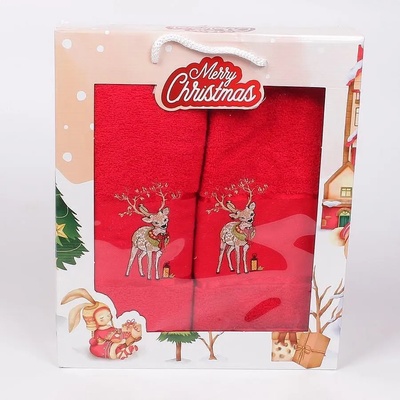 Коледни хавлиени кърпи в червено с еленче - 2 броя