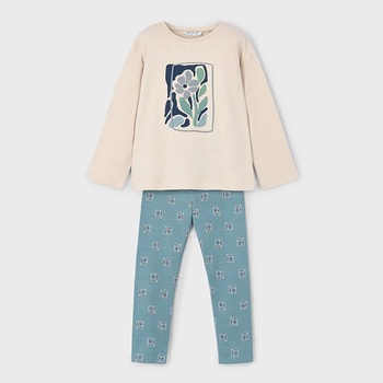 Mayoral Комплект клин в зелен цвят с щампи и блуза в бежово с цвете за мини момиче Mayoral