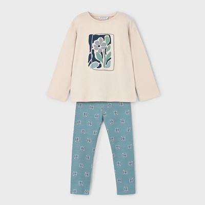 Mayoral Комплект клин в зелен цвят с щампи и блуза в бежово с цвете за мини момиче Mayoral